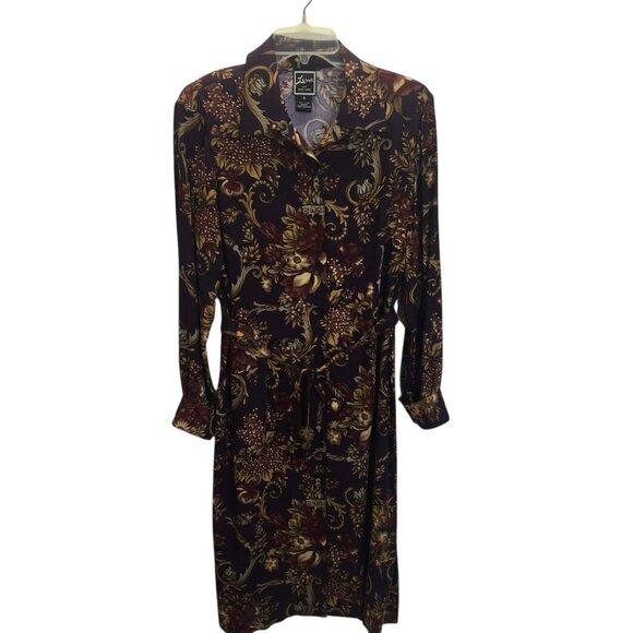 Zernie LNY New York Shirt Dress Womens 10 Purple Floral Button Belted Rayon - Picture 1 of 15